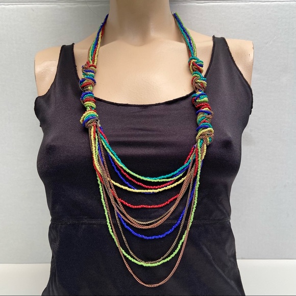 SW/WS Vintage multicoloured seed beads and chain statement necklace. Pre-owned. - Picture 4 of 7